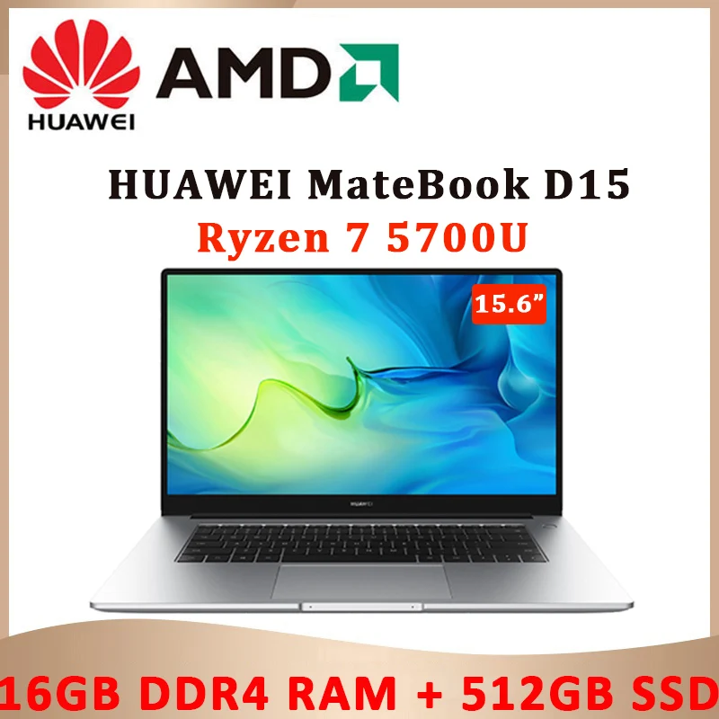 

HUAWEI MateBook D 15 laptop 2021 15.6 Inch AMD Ryzen7 5700U 16GB RAM 512GB SSD Windows10 full-screen notebook Ultraslim computer