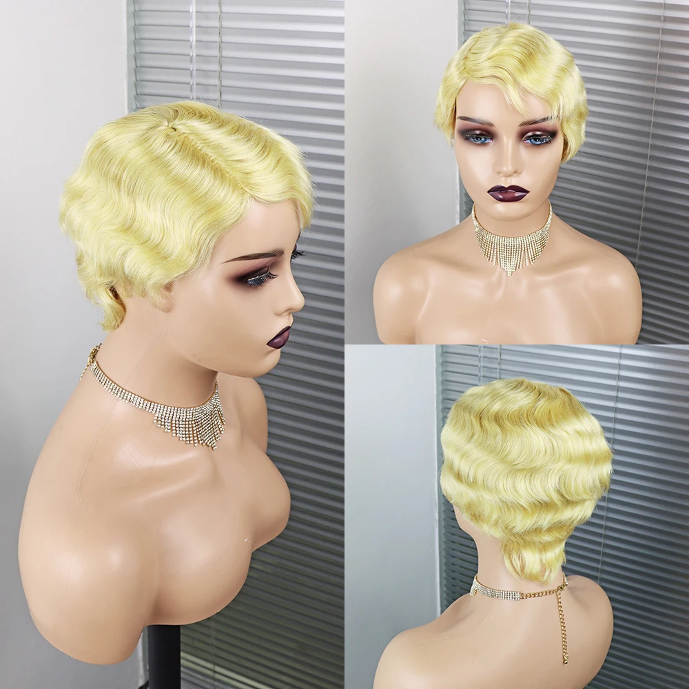 

100% Human Hair Finger Wave Wigs Pixie Cut Wigs Remy Short Bob Wigs For Woman Machine Made Human Hair Wigs 613 Blonde