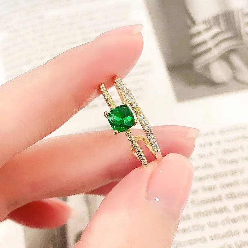 

Double Layers Single Green Zircon Open Ring For Women 2021 New Trends Jewlery Adjustable Ring