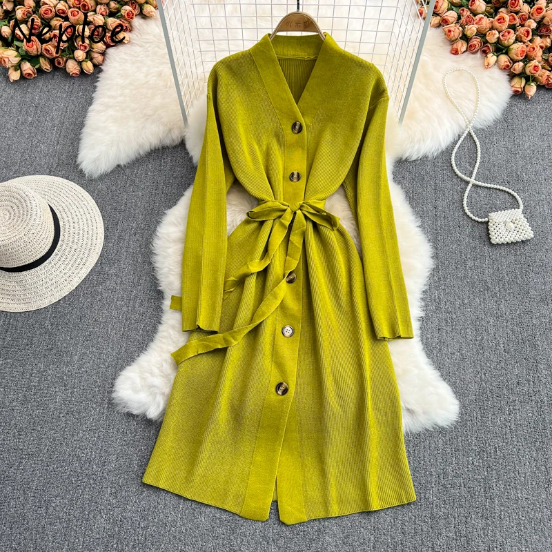 

Autumn Winter 2021 New Knitted Robe Femme V-neck Bandage Waist Sweater Dresses Women Long Sleeve Fashion Vestido De Mujer