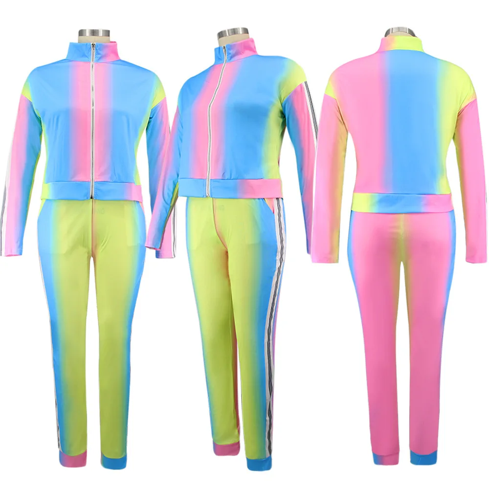

Colorful Female Tracksuits With Gradient Color Printing Casual Women High Waist Pant Turn-Down Collar Zipper Coats Two-Piece Set