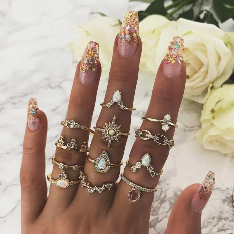 

Bohemian Women Rings Anise Star Crown Cross Snake Drops Geometry Crystal Joint Gold Ring Set Personality Fashion Wedding Jewelry