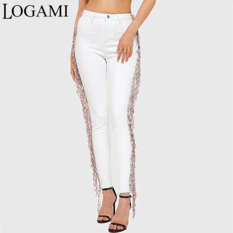 

Женские узкие джинсы LOGAMI, белые брюки-карандаш с высокой талией, с кисточками, весна-лето, джинсы, Украшенные бусинами