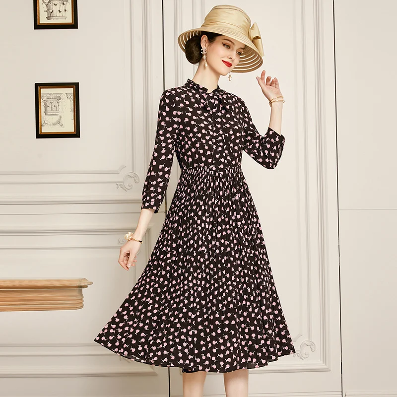 

SHZQ Silk Dress Mulberry Silk 2021 Early Autumn New Style Broken Flower Dress Black Fashion Dress