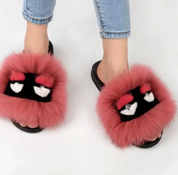 Домашние тапочки женские меховые шлепанцы с лисьим мехом домашние меховая