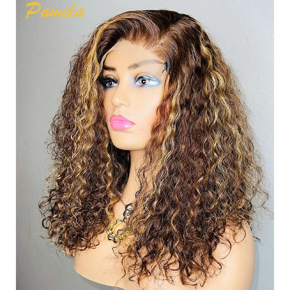 

Transparent Lace Front Human Hair Wigs Highlight Ombre Kinky Curly Human Hair Wig Water Wave Wig Pre Plucked With Baby Hair 180%
