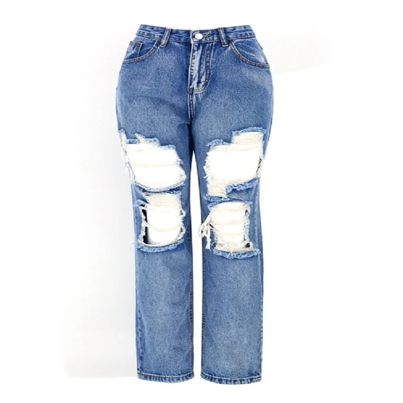 

2020 New Arrivals Woman High Waist Ladies Jeans Ripped Hole Loose Ankle-Length Pants High Street Denim Skinny Stright Pants