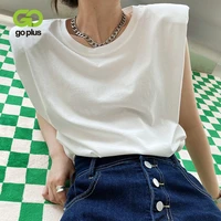 goplus t shirt y2k crop top summer one piece sleeveless shoulder padded t shirts women white tops korean fashion femme 2021