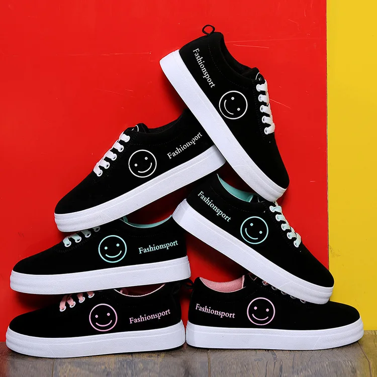 

2019 Women Flats Shoes Woman Printed Smiling Face Solid Color Daily Casual Student Board Shoes Vulcanized Samll White Shoes