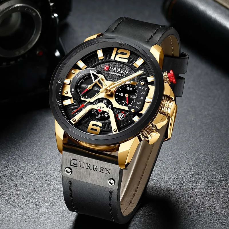 Black Gold Black Curren Мужские часы Топ бренд класса люкс хронограф мужские часы Кожа Роскошные водонепроницаемые спортивные часы Мужские наручные часы - Цвет: Black Gold Black