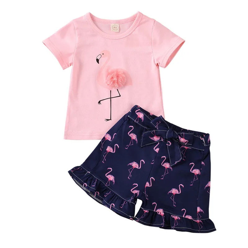 2020 детский топ и шорты для маленьких девочек с рисунком розового фламинго Модный