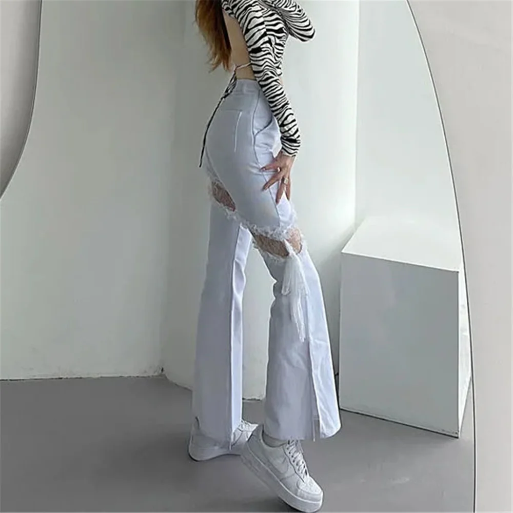 Джинсы-клеш Y2k с кружевом разрезами по бокам зауженные в готическом стиле уличные