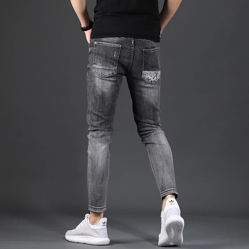 Summer Men's Dark Gray Ripped Jeans Fashion Casual Dots Printed Slim Fit Ankle-Length Pants
