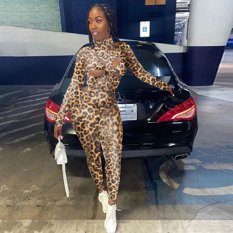 

ZKYZWX Sexy Winter Leopard Printing Hollow Jumpsuit One Piece Outfits Casual Festival Clothing Night Club Rave Festival Clothing