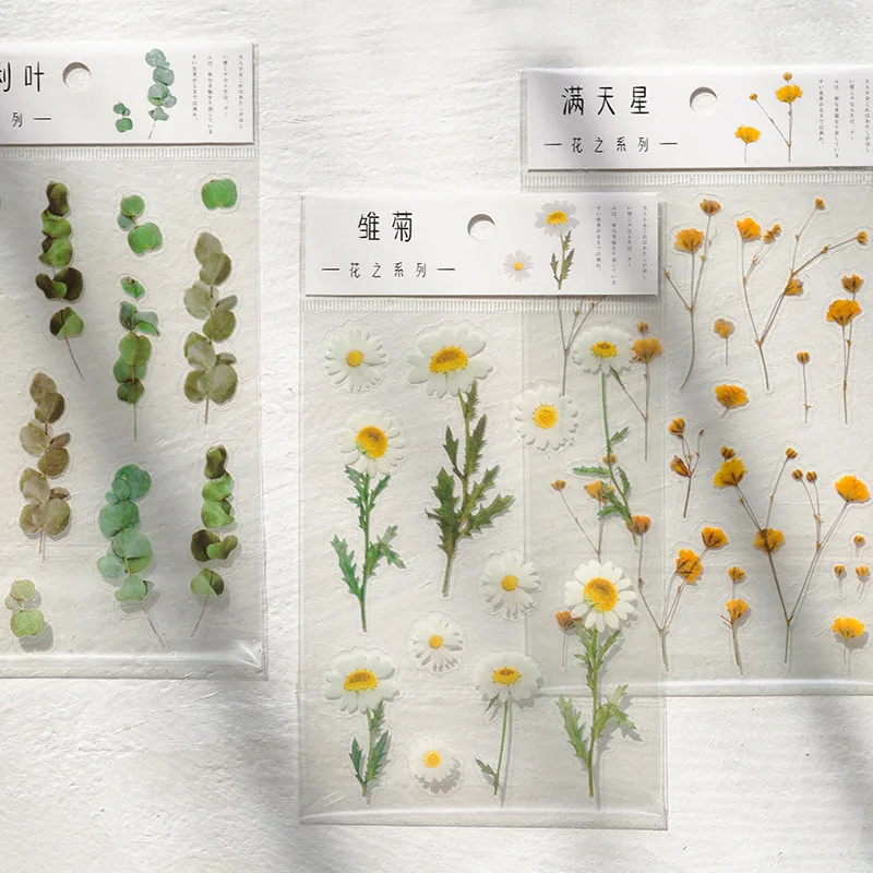 

Искусственные натуральные маргаритки, клевер, японские искусственные прозрачные наклейки из ПЭТ, цветы, листья, растения