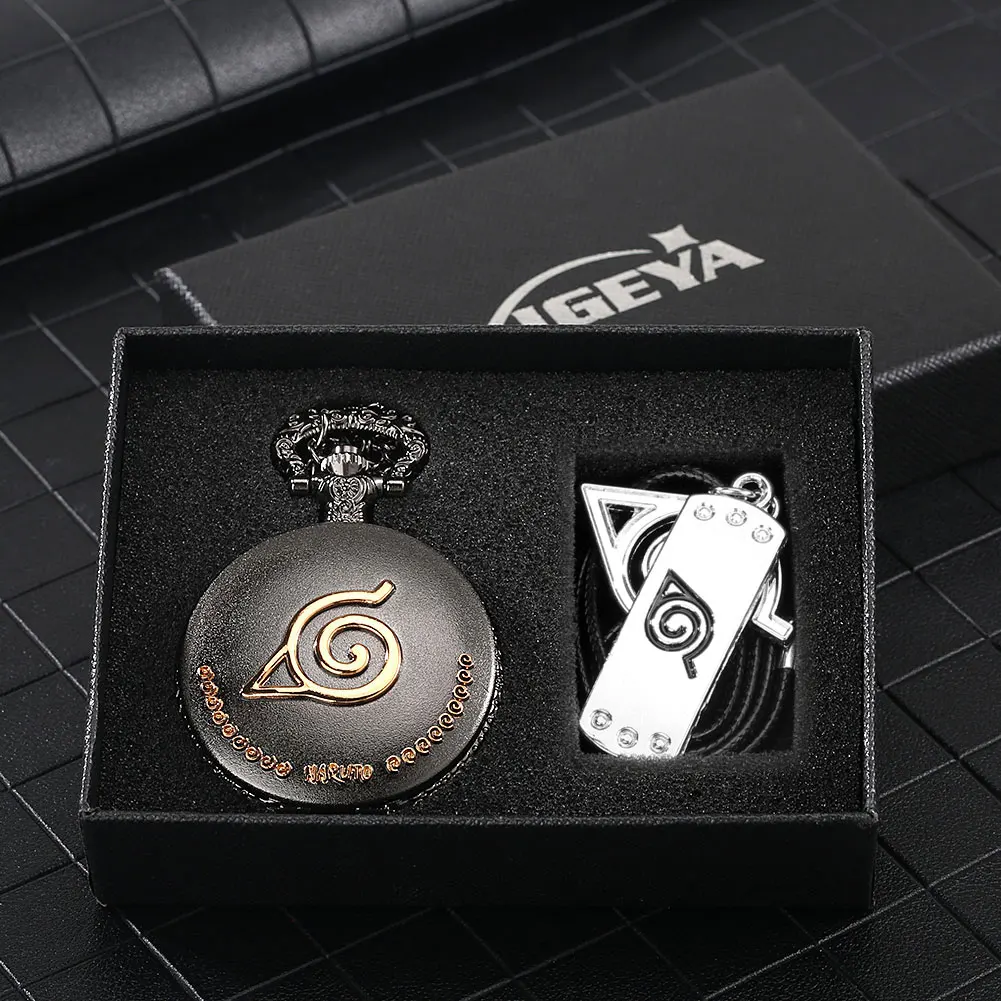 Anime Pocket Clock Cartoon Mens Retro Bronze Quartz Pocket Watch White Roman Numeral Dial Kids Fashion Leather Pendant Gift Set