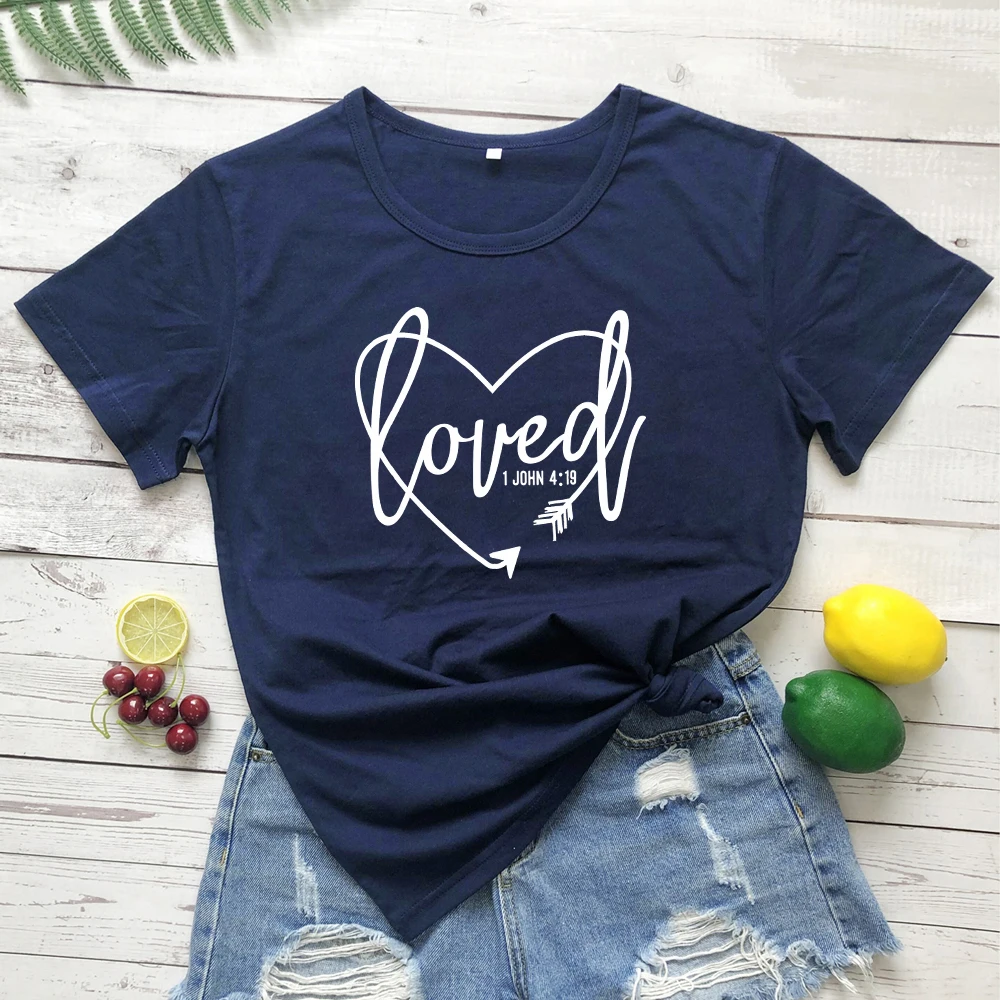 navy blue-white text Любимый 1 Джон 4:19 футболки женские летние винтажные Библейская вера стих футболка Топ для мужчин и женщин Религиозные христианские Писания футболка - Цвет: navy blue-white text