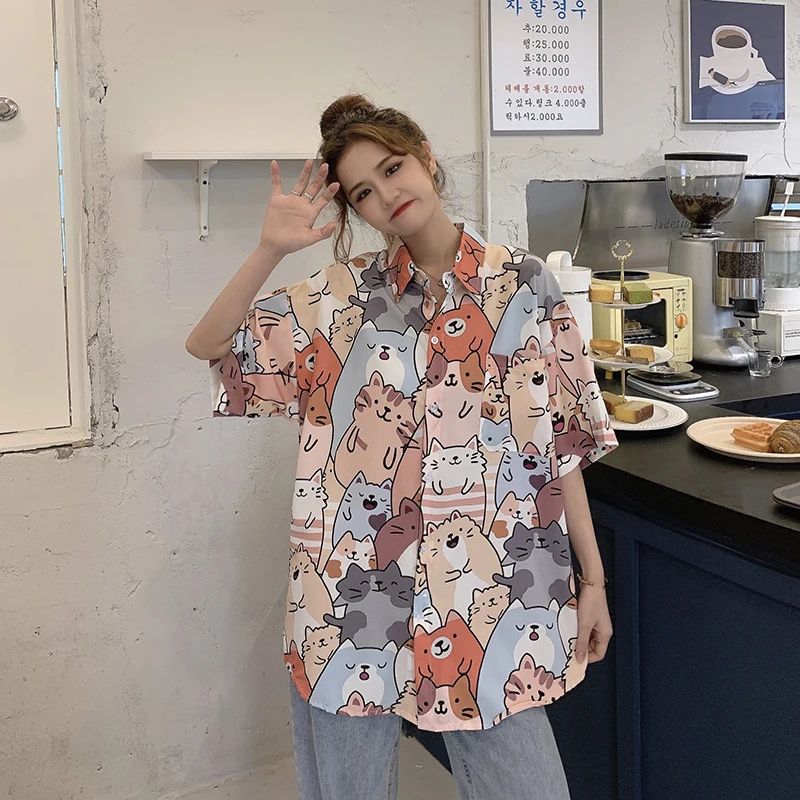 

New Summer Kawaii Short Sleeve Shirts Women Loose Cute Cat Polo Shirt Female Retro Top Cartoon Blouses Mujer
