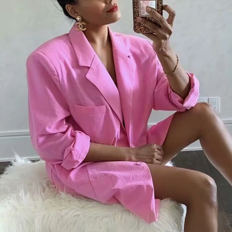 

ZXQJ Women Cool Pink Blazer 2021 Summer Fashion Ladies Sexy Thin Cotton Jackets Elegant Female Chic Suits Casual Girls Cute Top