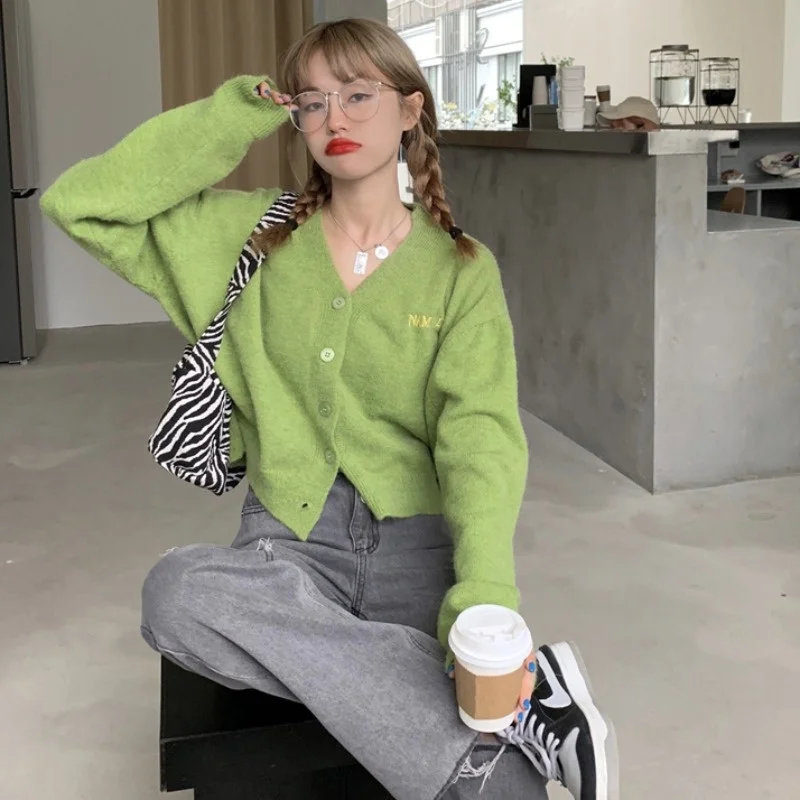 Женский вязаный кардиган с вышивкой алфавита V-образным вырезом и длинным