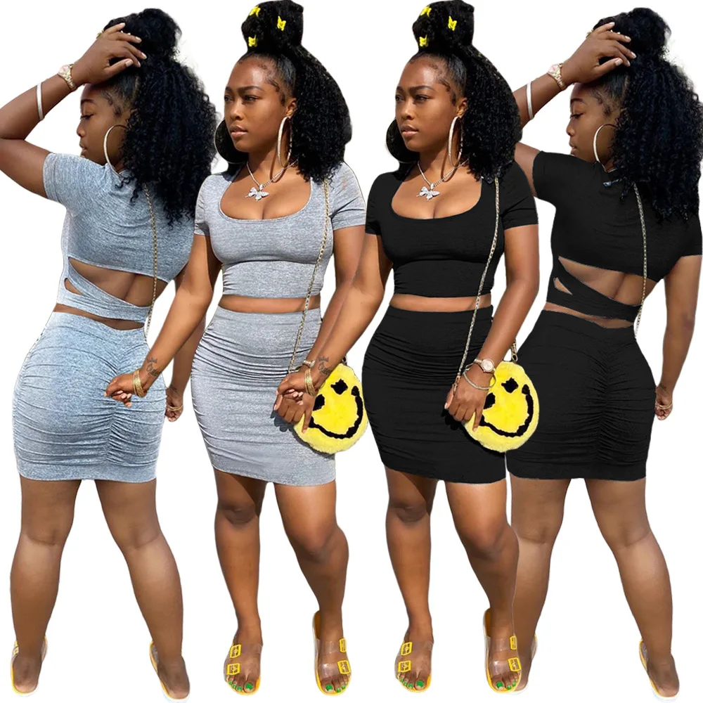 

Ursuper European and American Style Sexy Women's Wear Nightclub Uniforms Solid Color Pleated Pleating Hollow-out Dress Two-Piece