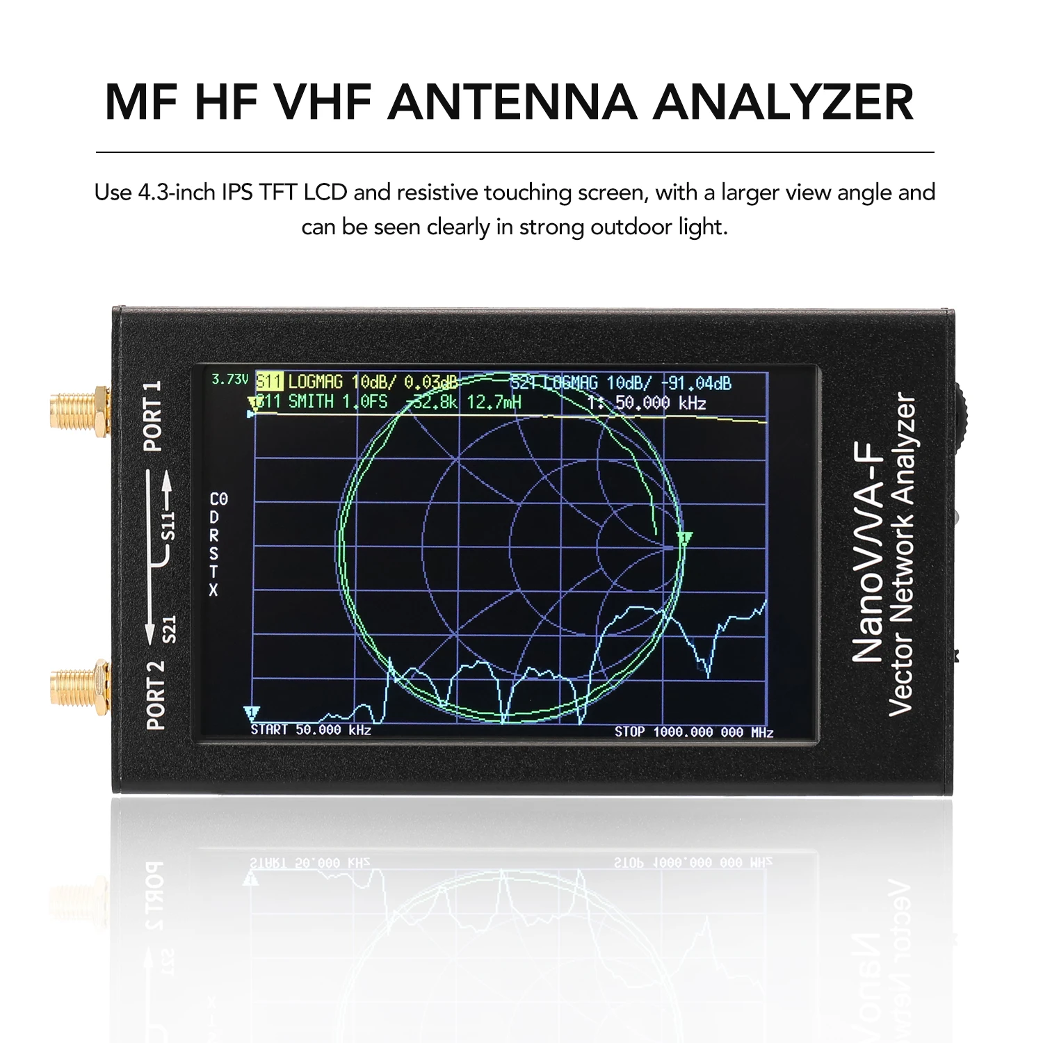 

Portable Handheld Vector Network Analyzer SWR Meter 50KHz-1000MHz 4.3 Inch IPS TFT Digital Display Touching Screen Analyzer