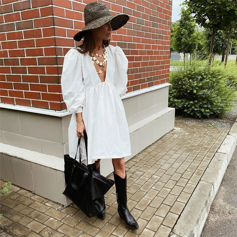 

Fashion V Neck Sexy Black Dress Female Puff Sleeve A Line Ladies High Waist Dress Casual Elegant Autumn Winter White Dresses