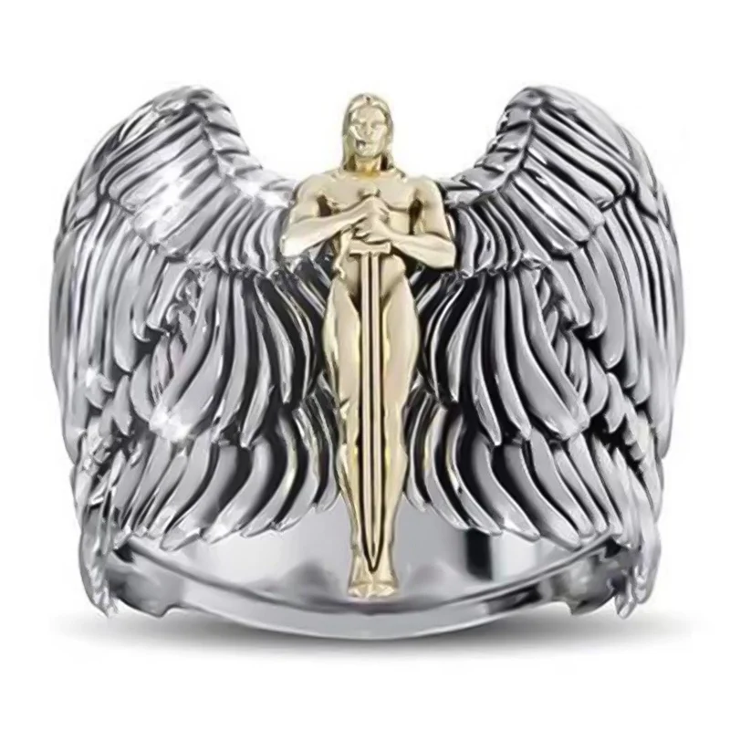 Creative Men's Ring Retro Angel Wings Cross Signet Rings For Men Vintage Goddess Of Justice Anillos Viking Jewelry