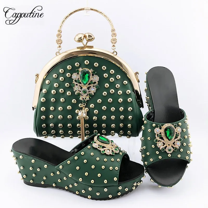 

Beautiful Peach Wedding/Party African Women's Wedge Heel Shoes Matching With Bag Set With Rivet QSL016 Heel Height 7.5CM