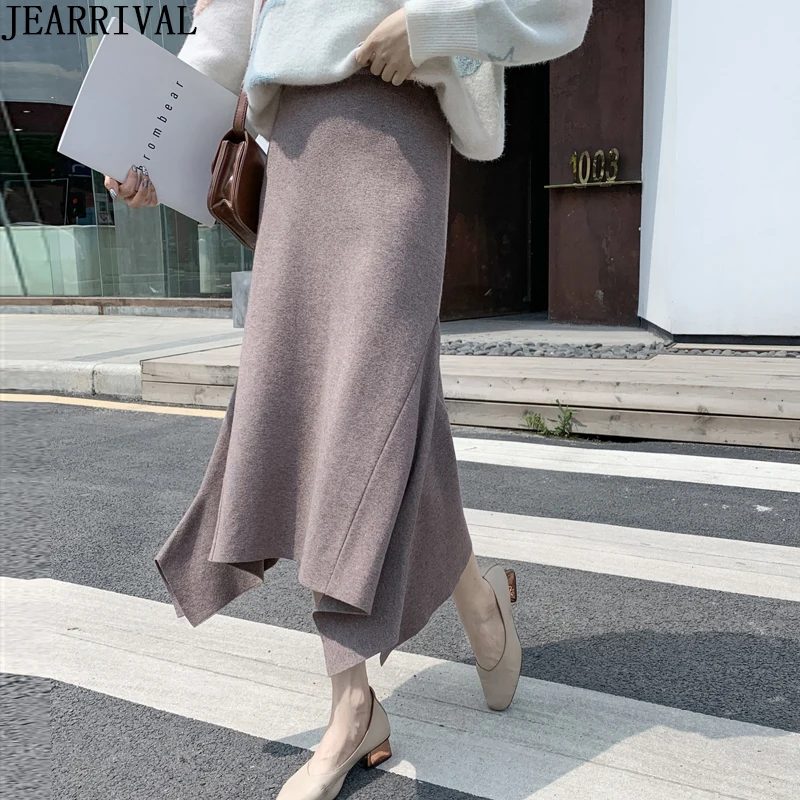 Новые женские ассиметричные вязаные зимние юбки с высокой талией одноцветная