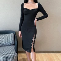 spring summer new sexy square collar dress women full sleeve chain high waist dress for woman summer bodycon party dress