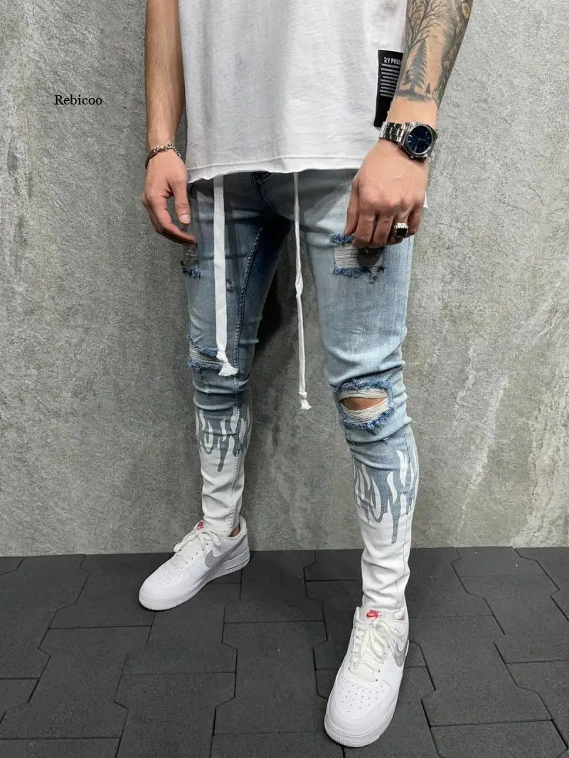 European and American Summer Men's Self-Cultivation Ripped Jeans with Printed Flame Fashion Personality Denim Tethered Jeans