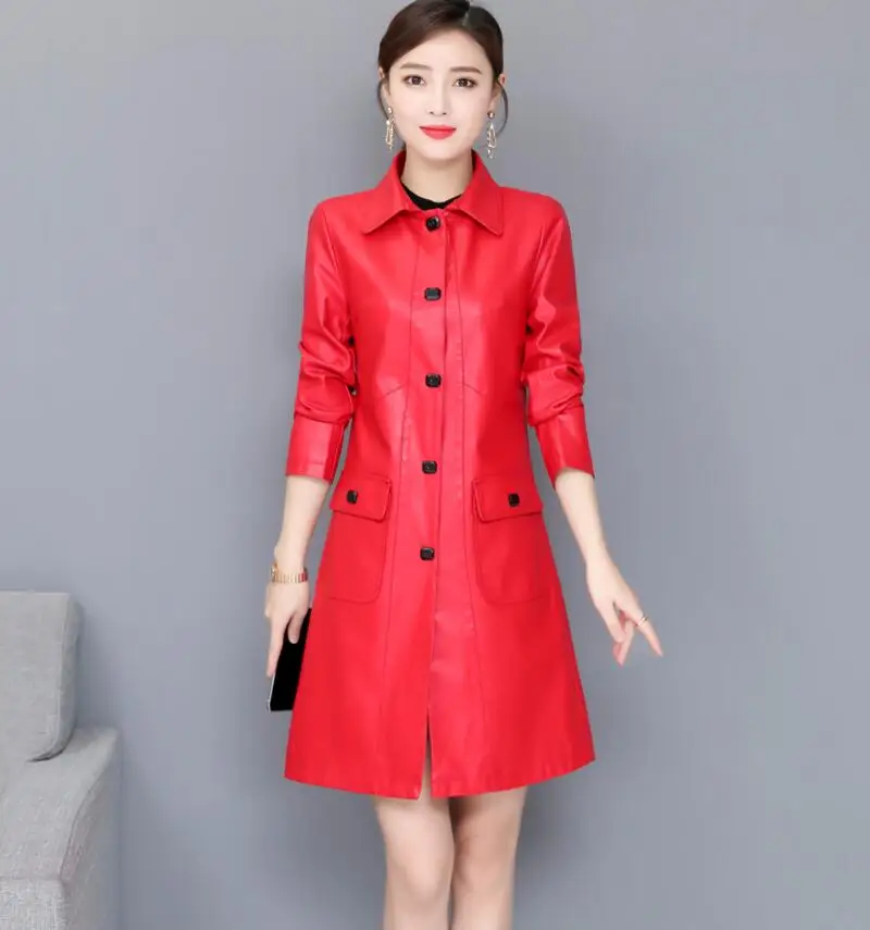 Красный Мотоциклетное кожаное пальто для женщин размера плюс 4XL, весна, Новая женская кожаная одежда, Длинная тонкая кожаная куртка для женщин, черный, красный - Цвет: Красный
