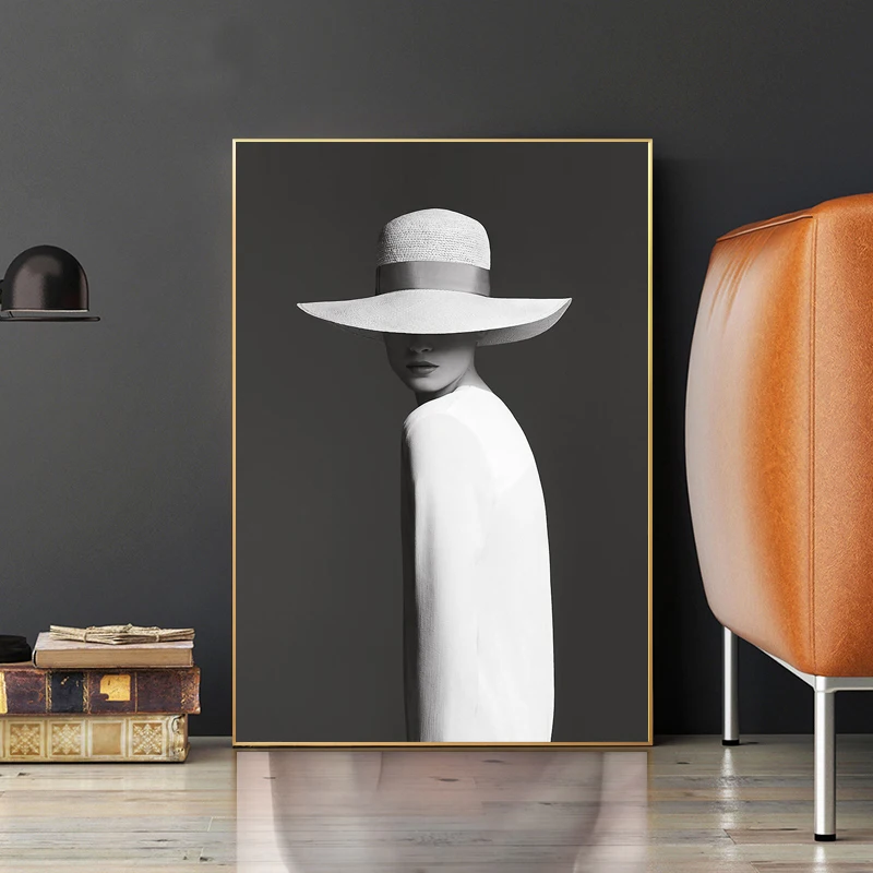 

HD Print Black and White Abstract Wall Art Sexy Girl with Hat Canvas Painting on The Wall Art Canvas Art Picture for Living Room