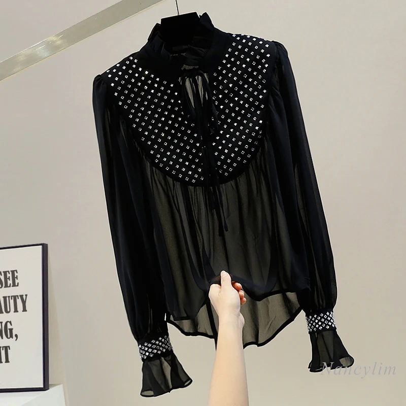

Ruffled Collar Blouse for Women Heavy Embroidery Hot Drilling Fashion Irregular Lace-up Bow Flared Sleeves Chiffon Shirt Tops