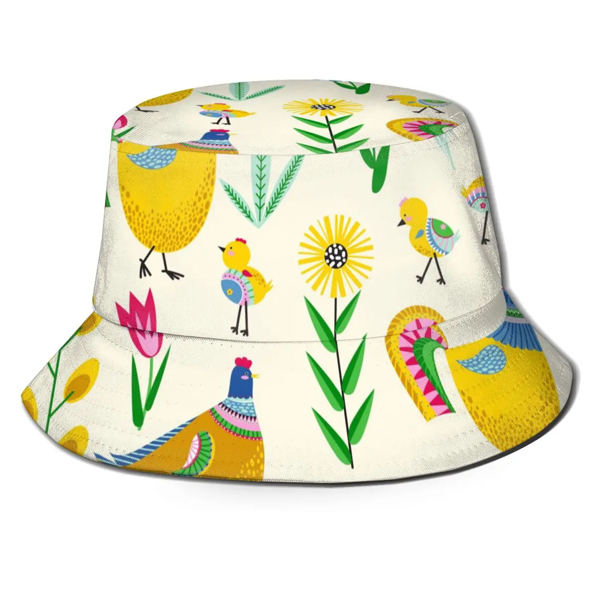 

Chicken Rooster And Flowers Yellow Illustration Bucket Hat Summer Hats Fisherman Hat Foldable Women Men Sunscreen Shade Caps