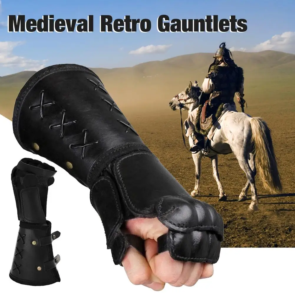 

Retro Leather Medieval Retro Gauntlets Roleplay Free Size Glove Warrior Soldier Knight ArcherCosplay Armor Wrist Bandage Bracer