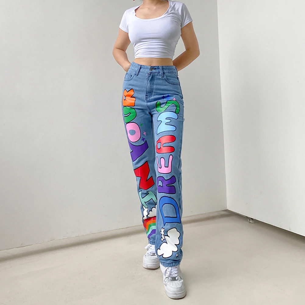 

Fashion Women Letters Graffiti Printing Jeans Casual Straight Full Length Long Pants Sexy Loose Trousers pantalones de mujer#38