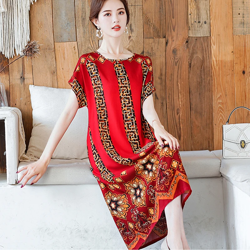 

Summer new cotton silk dress female middle-aged elderly short-sleeved skirt large size loose women's fashion mother dress s432