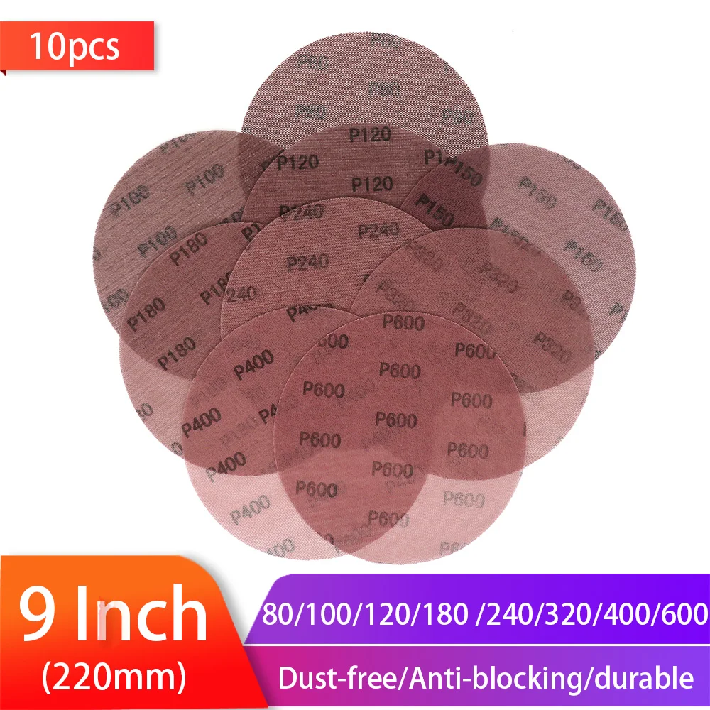 

10pcs 9Inch 220mm Mesh Grip Discs Dust Free Grid Line Abrasive Mesh Sanding Discs Sand Paper Hook and Loop Dry Sanding