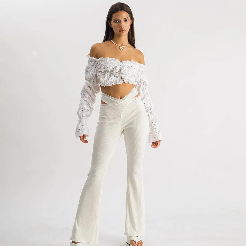 

Fashionable Lace Hem Crossing Women Simple Style Flared Trousers White Solid Color Low Waist Pants With Tie-up Design