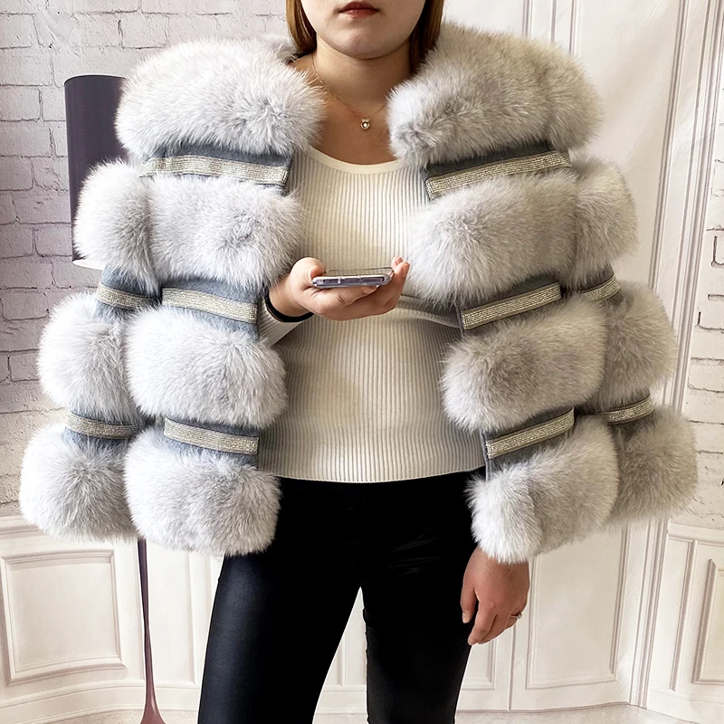 Women's Luxurious Real Fur Coat 100% Natural Fox Fur Jacket Beautiful Crystal Diamond Bar Decoration Genuine Leather Fox Vest enlarge