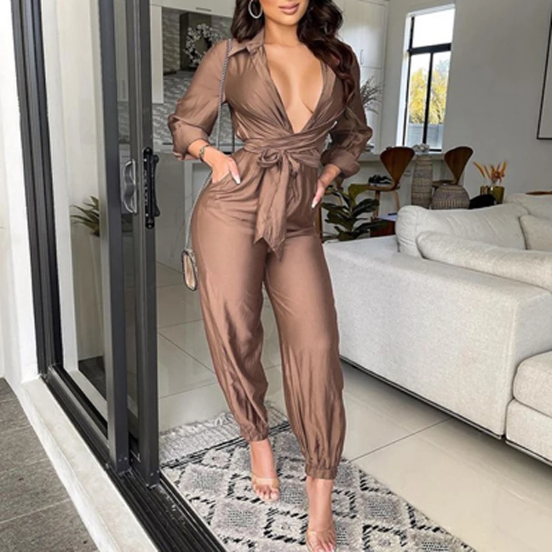 

Fashion Elegant Tie-up Belted Straight Romper Women Sexy V Neck Hollow Out Jumpsuit 2022 New Office Lady Casual Loose Overalls