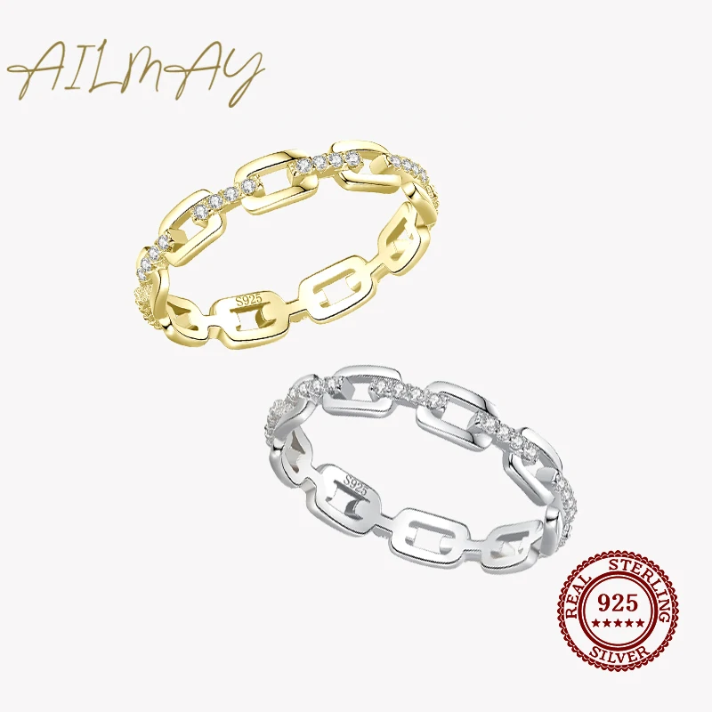 

Ailmay Clear Zircon Real 925 Sterling Silver Fashion Golden Color Finger Ring For Women Girls Party Accessories Jewelry