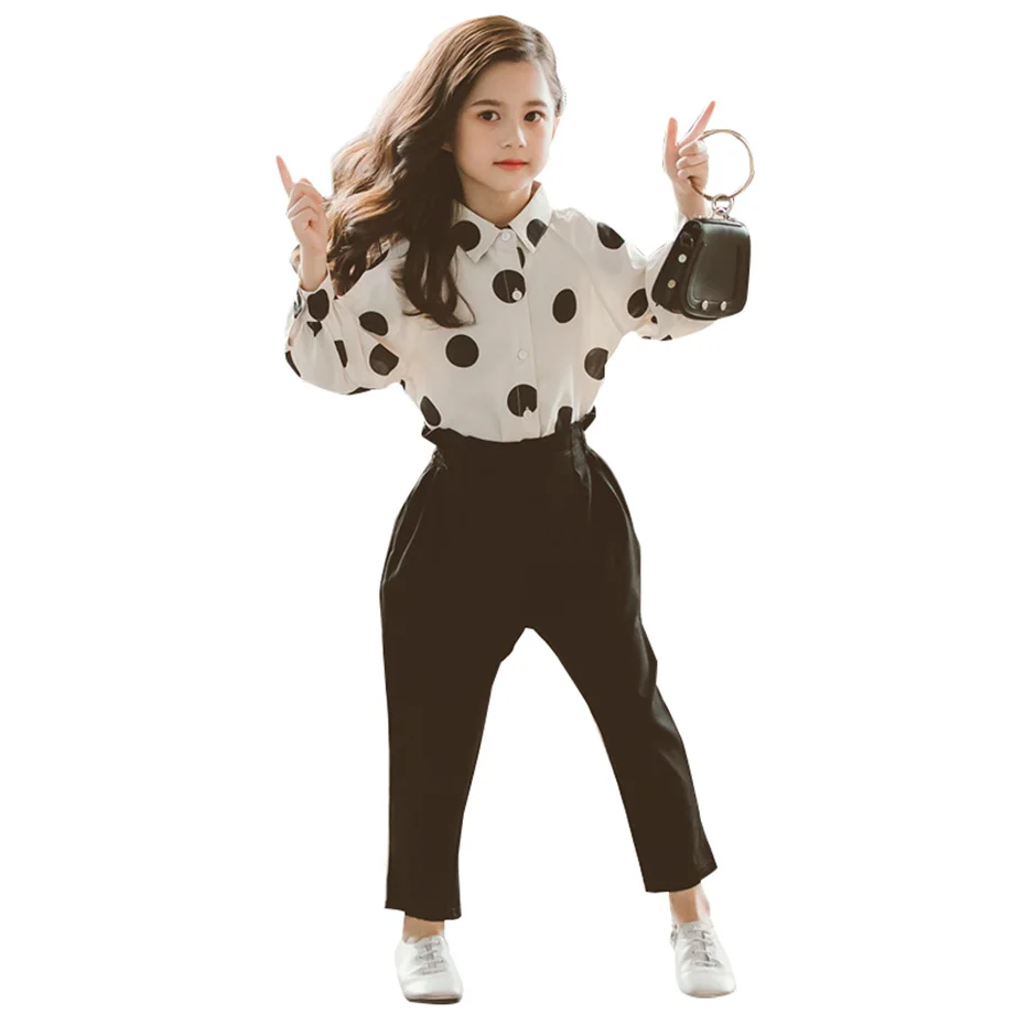 Новинка одежда для девочек блузка в горошек + штаны костюм из 2 предметов наряды с