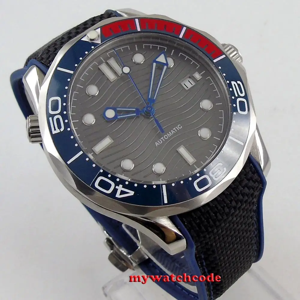 41 мм bliger стерильные серые волнистые циферблат сапфировое стекло синий красный