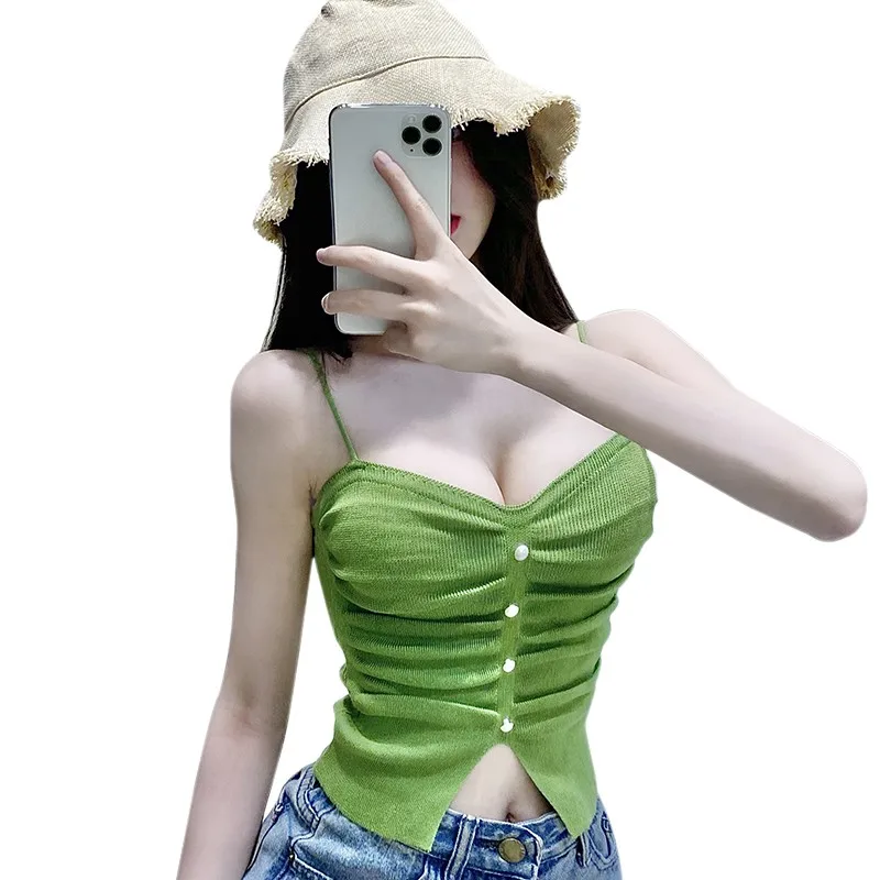 

Body Shap Sexy Tanks Tops Solid Color Split Design Knitted Sleeveless Short Style Camisole Summer Vest