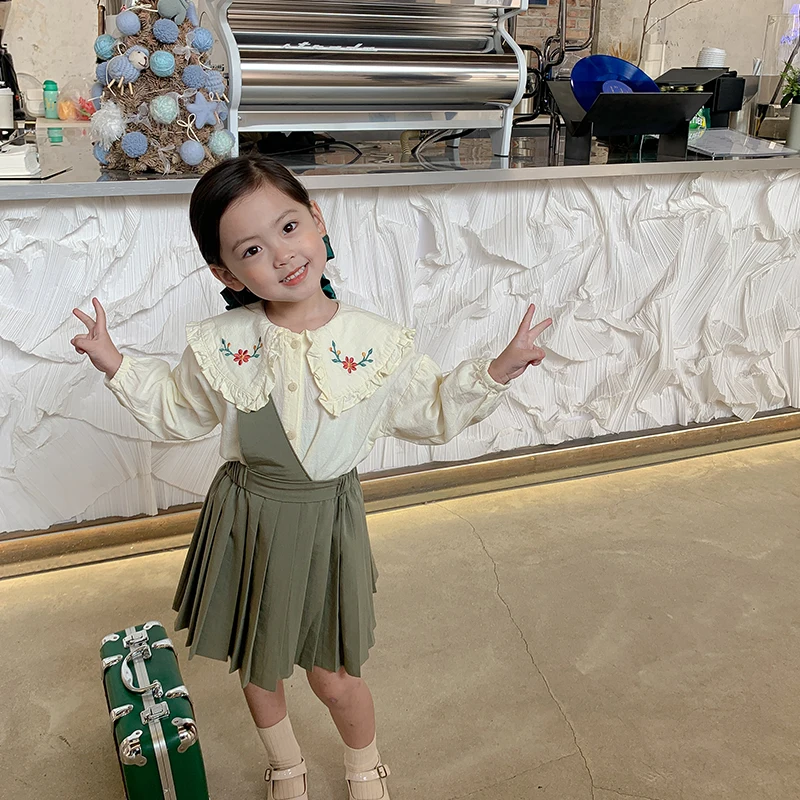 

Mila Chou 2021 Spring Autumn Girls Embroidered Flower Pattern Shirt Children's Single-breasted Shirt Kids Doll Collar Shirt 2-8Y