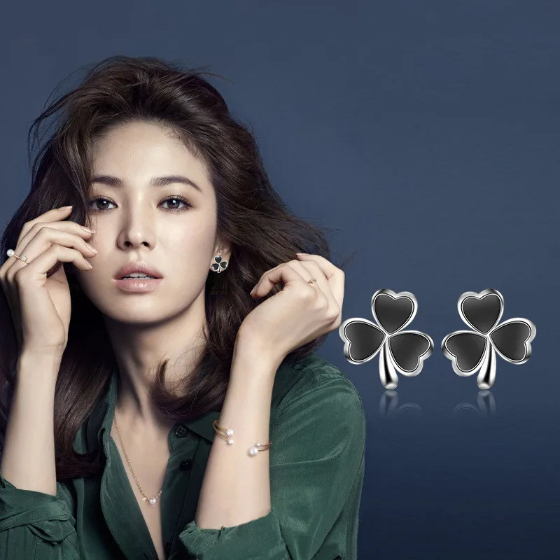 Женские серьги гвоздики из серебра 925 пробы с черным клевером|Серьги-гвоздики| |