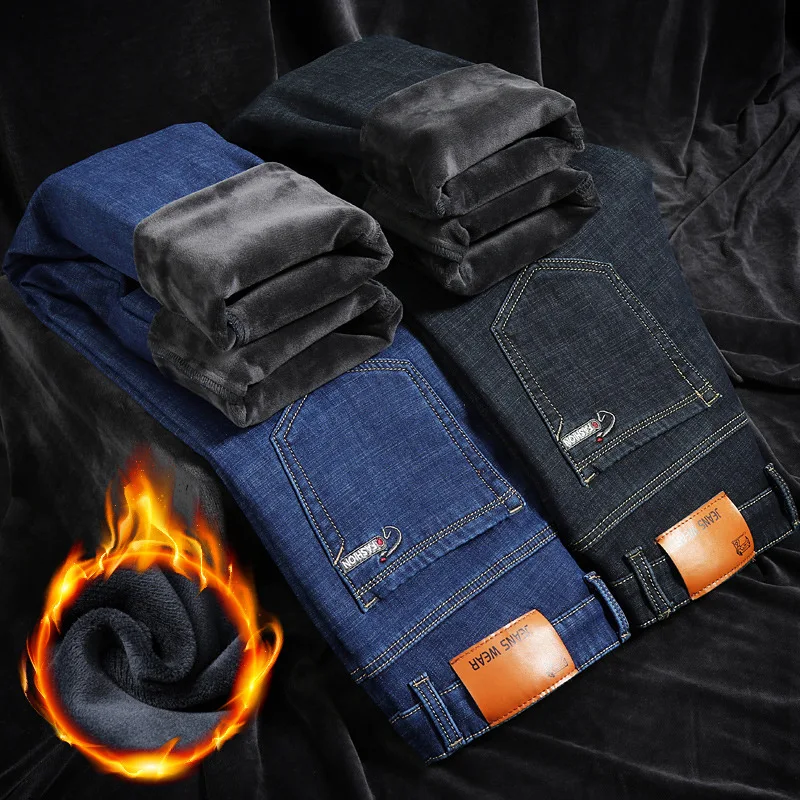 Mens Winter Thicken Fleece Jeans Stretch Denim Warm For Men Designer Brand Long Pants Jean Black/Blue 28-42 | Мужская одежда